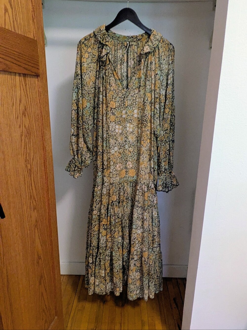 Floral Ruffle-Trim Long Sleeve Maxi Dress in Yellow and Green